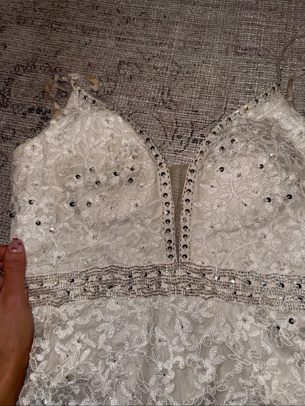 Custom Ivory Embellished Lace & Feather Mini Dress - Picture 5 of 11